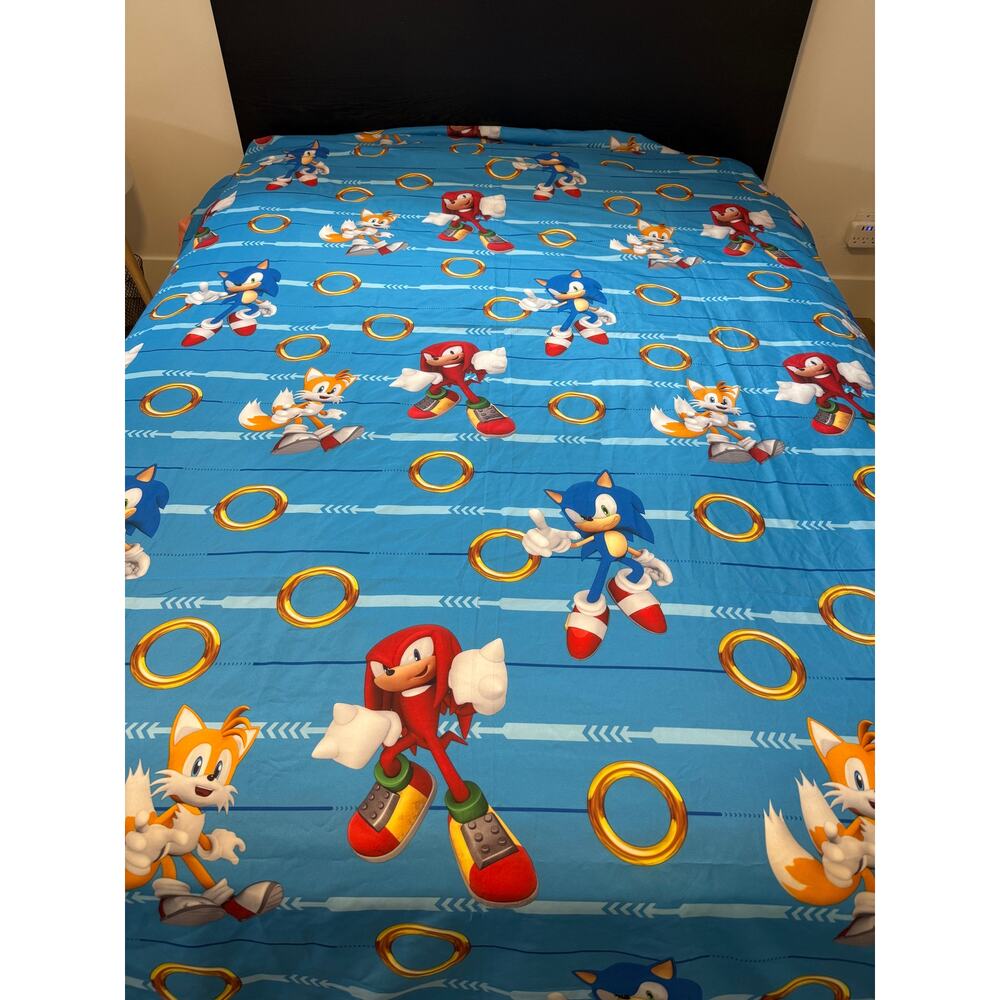 Sonic The Hedgehog Twin Flat Sheet Blue Gold Rings Sonic Tails Knuckles Bedding